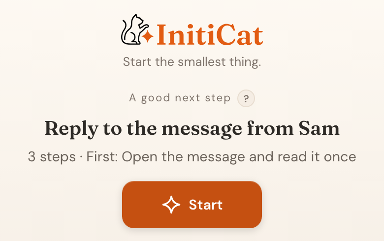 InitiCat showing a single activity, its first step, and a Start button.