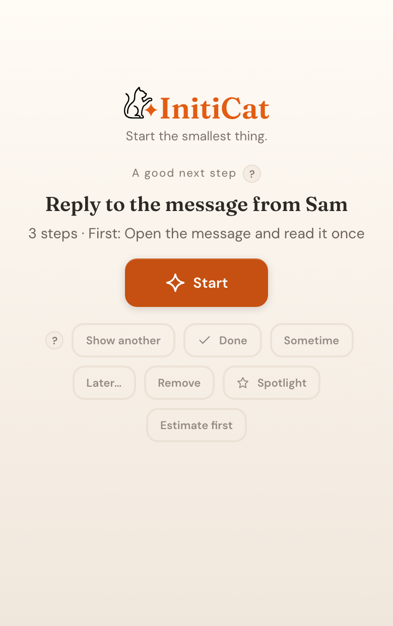 InitiCat showing a single task, Reply to the message from Sam, with three steps and a Start button.
