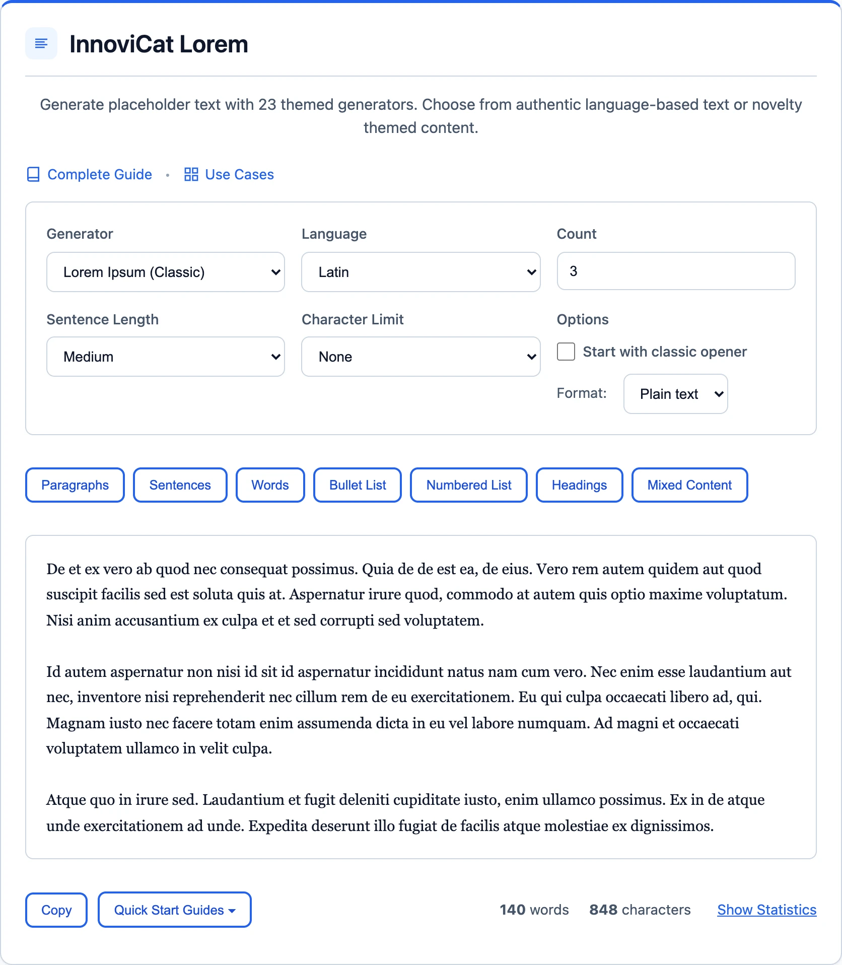 Lorem Ipsum Paragraphs Generator - InnoviCat Tools
